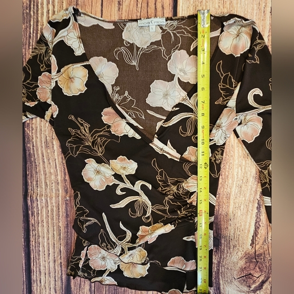 Moa Moa Size Large Vintage Made In USA Chocolate Floral Faux Wrap Fitted Top 90s - Picture 8 of 9